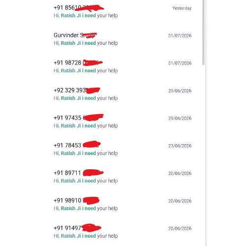 WhatsApp list of chat messages from multiple prospects saying 'Hi, Ratish Ji i need your help'